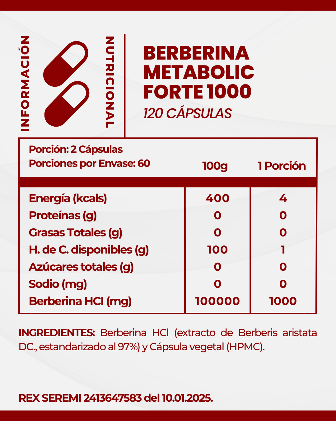 Berberina Forte 1000 Metabolismo y Glucosa Estable l 120 Cáps
